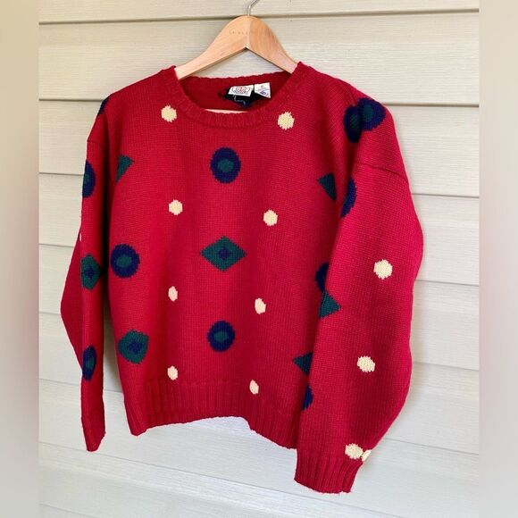 J.G. HOOK Vintage red 100% wool sweater circles dots abstract retro modern sz S - Picture 2 of 11